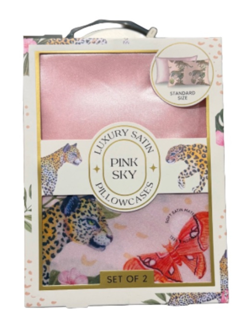 PINK SKY NWT 2pc luxury satin pillowcases -cheetah & butterfly pink